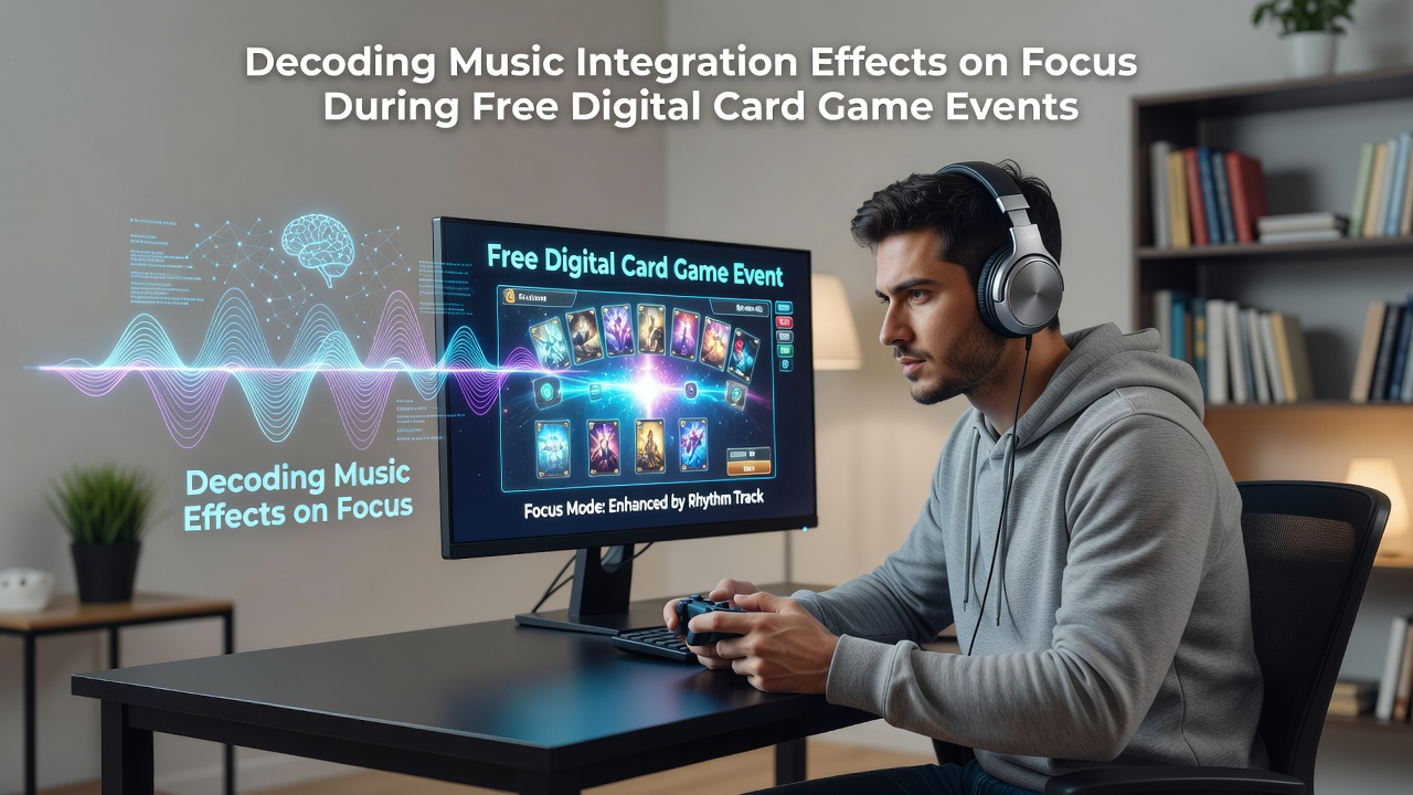 Digital card game interface showing music integration controls and focus metrics during a free multiplayer session