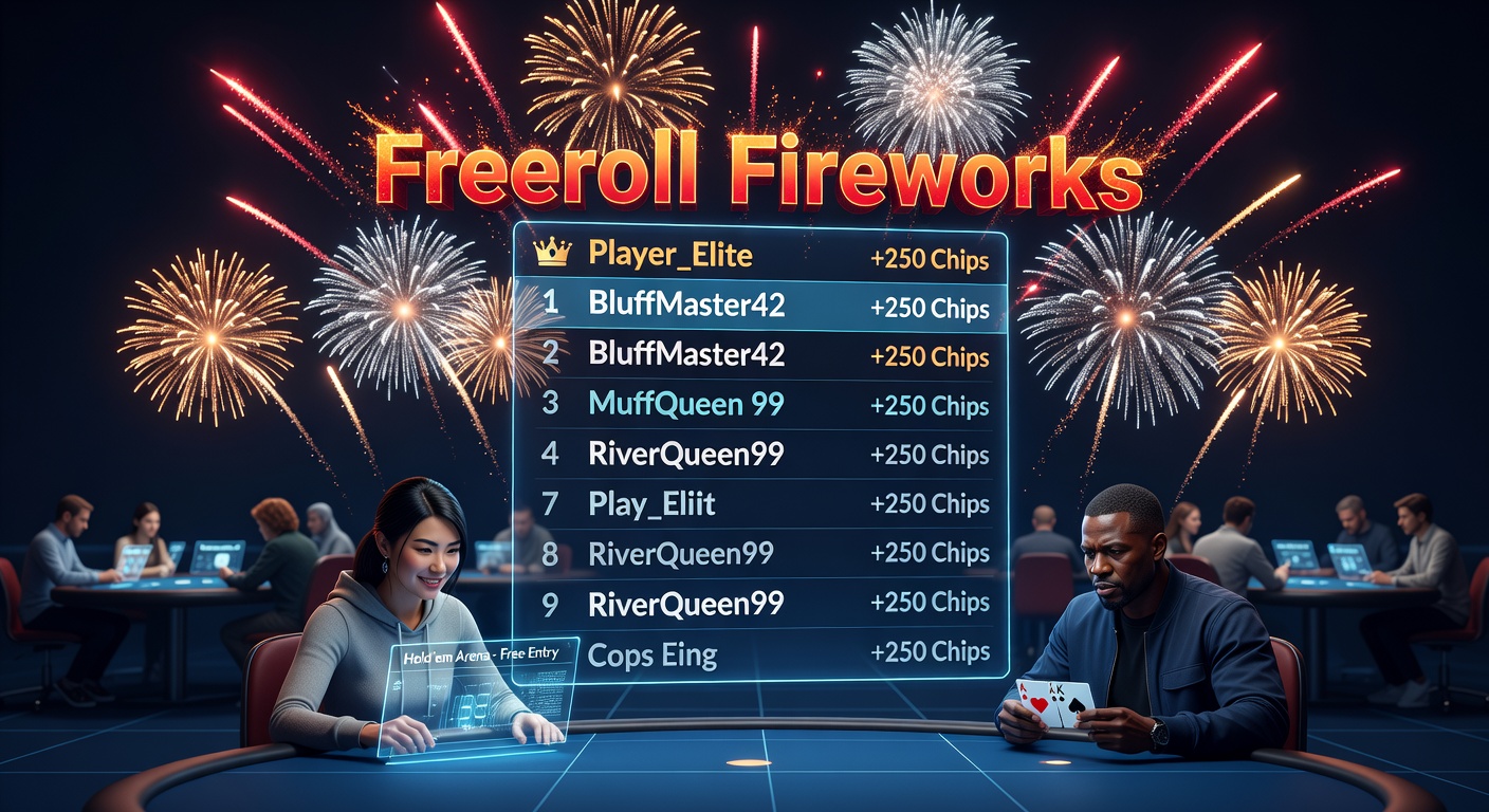 Players competing intensely in a vibrant online freeroll tournament leaderboard, chips flying across digital tables