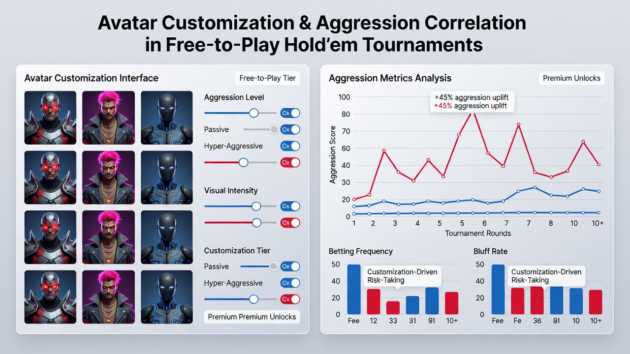 Heatmap visualization showing aggression metric spikes linked to different avatar customization levels during free-to-play Hold'em sessions
