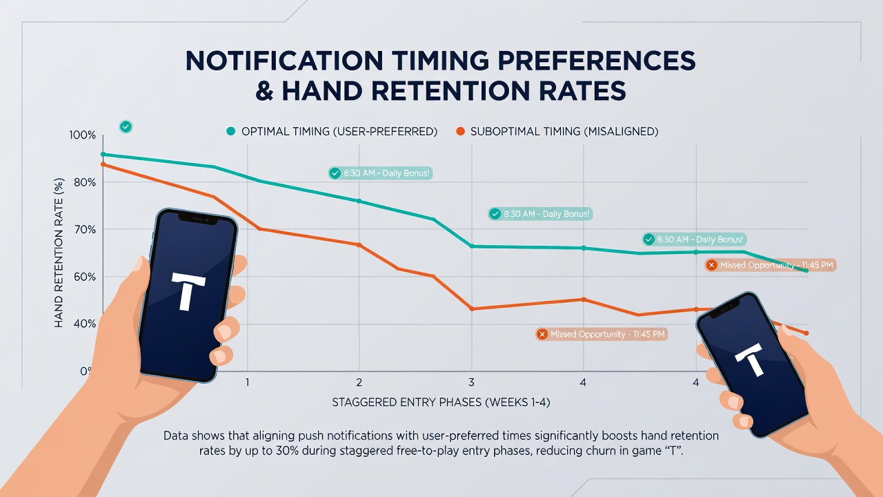 Analytics dashboard displaying retention rate trends tied to notification timing in free-to-play poker sessions