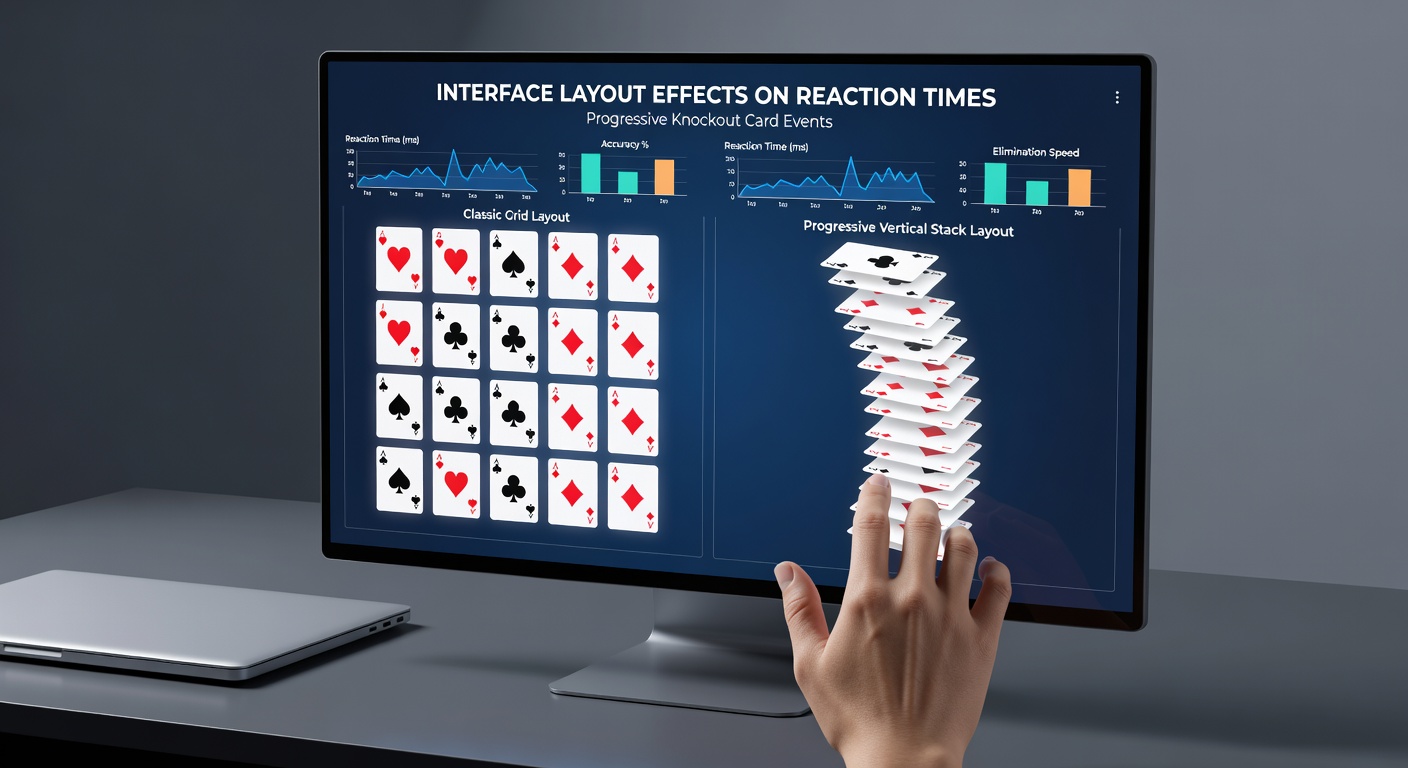 Digital poker interface showing card layout and reaction time metrics in a progressive knockout tournament