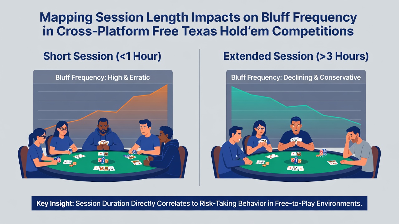 Chart comparing bluff frequency across different session lengths in free multiplayer Hold'em competitions