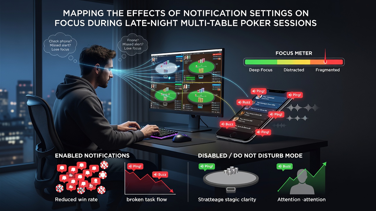 Close-up view of poker software interface showing customizable notification toggles during nighttime multi-table setup