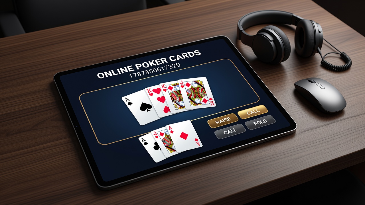 Close-up view of online poker cards in a multiplayer tournament setting with betting options visible