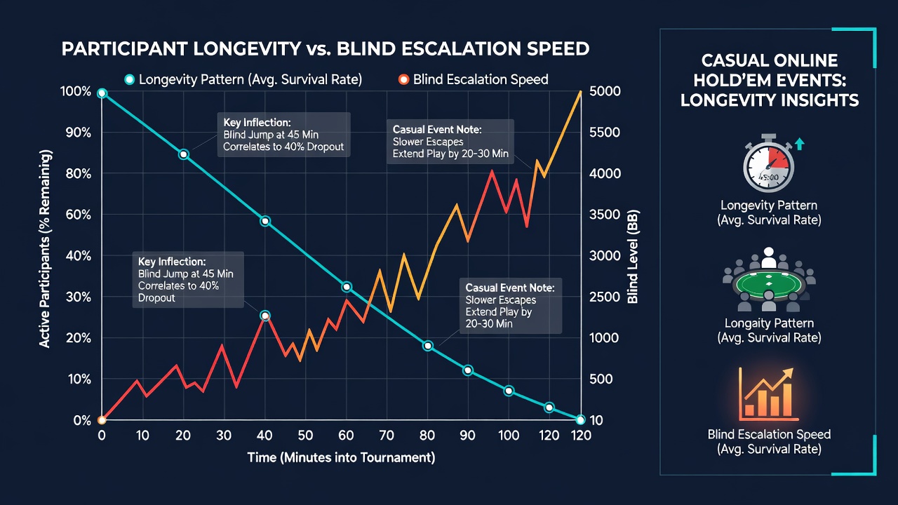 Chart displaying participant retention rates at different blind escalation intervals in online Hold'em