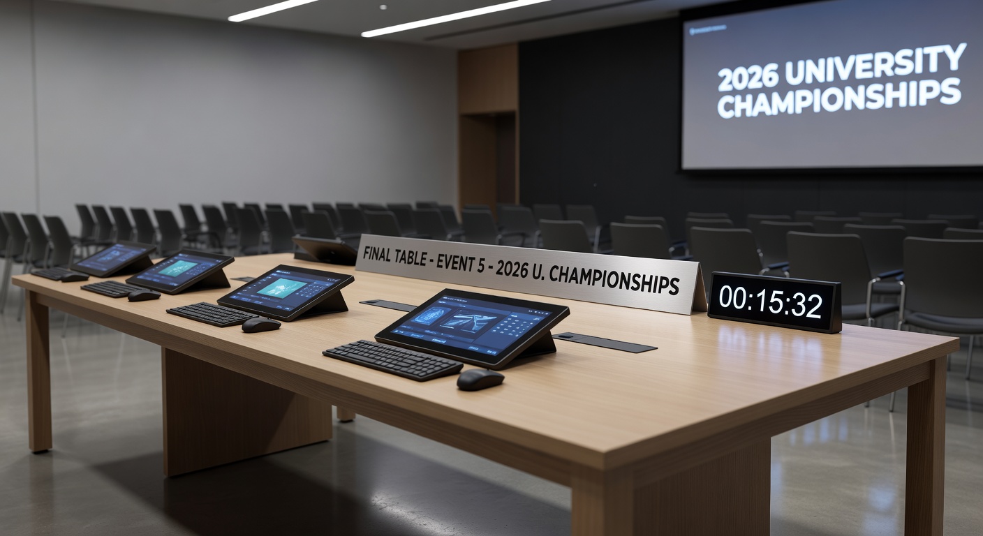 The six finalists including Qinghai Pan and Cherish Andrews gather around the final table at PokerGO Studio during the 2026 U.S. Poker Open