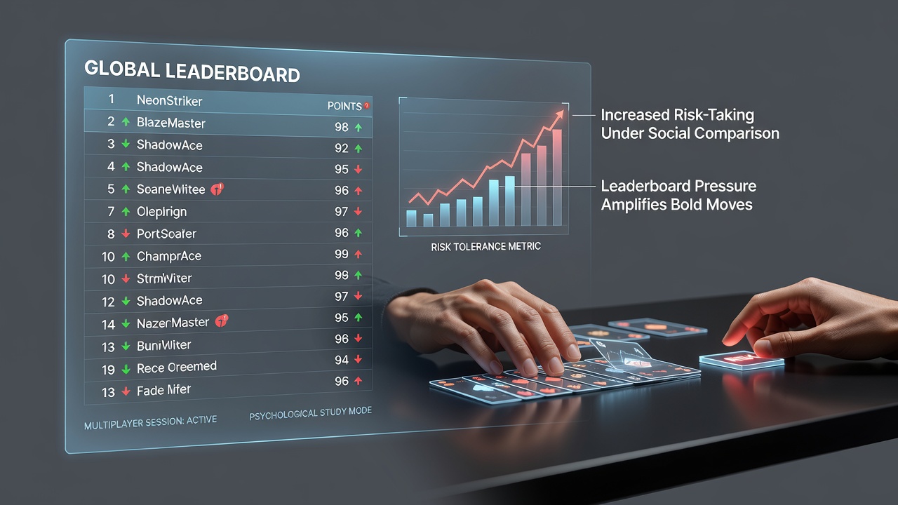 Players reviewing leaderboard positions on digital card game screens with risk-related betting indicators
