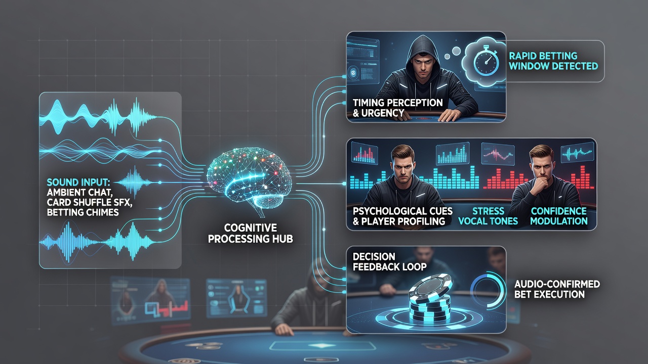 Close-up of virtual poker interface highlighting synchronized sound indicators and betting timers