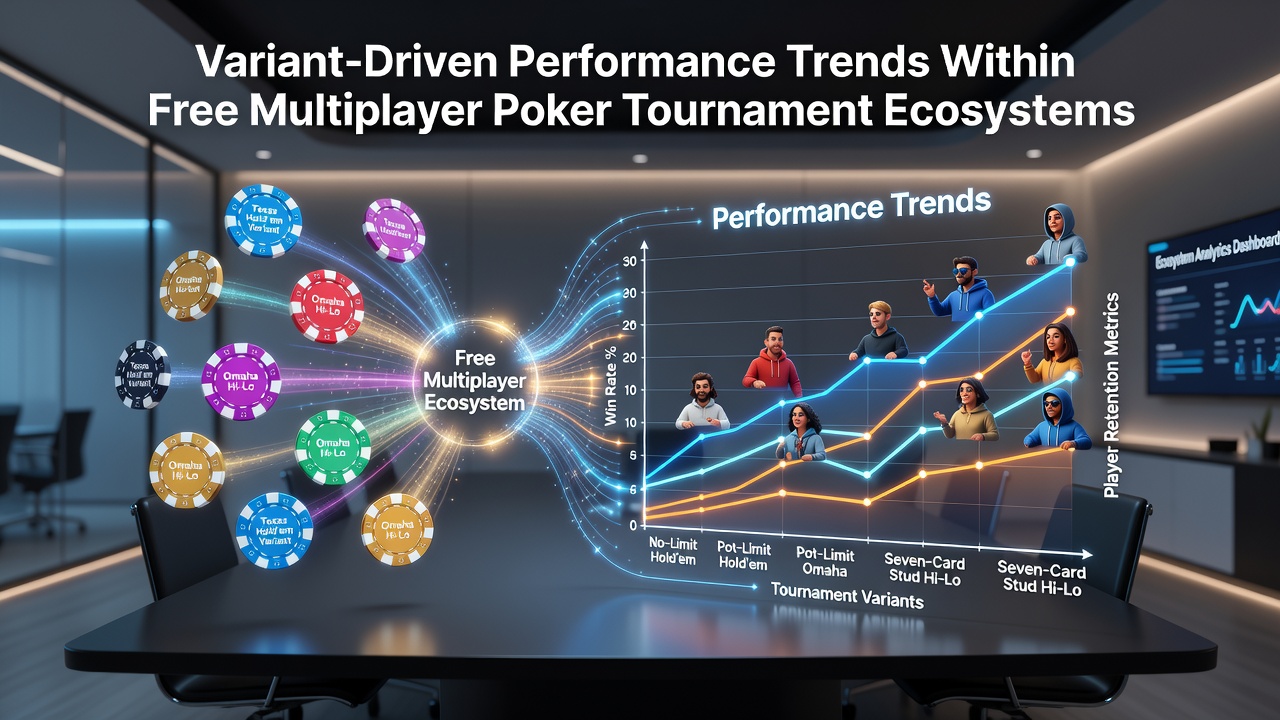 Free multiplayer poker tournament interface showing multiple game variants and leaderboard metrics